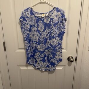 C&C California Women's 100% Linen Blue White Floral Top Size Large
